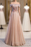 Champagne Tulle Off the Shoulder Beading Prom Dress