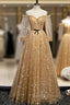 Champagne Tulle Off the Shoulder Embroidery Long Sleeve Prom Dress