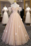 Champagne Tulle Off the Shoulder Flower Prom Dress