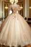 Champagne Tulle Puff Sleeve Beading Quinceanera Dress