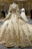 Champagne Tulle Sequins Appliques Long Sleeve Prom Dress