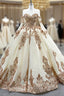 Champagne Tulle Sequins Appliques Sweetheart Prom Dress