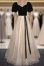Champagne Tulle Sequins Black Velvet Short Sleeve Prom Dres