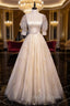 Champagne Tulle Sequins Long Prom Dresses Cute 1/2 Sleeve Prom Dresses