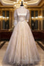Champagne Tulle Sequins Pleats Short Sleeve Prom Dress