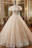 Champagne Tulle Sequins Puff Sleeve Backless Quinceanera Dress