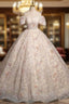 Champagne Tulle Sequins Puff Sleeve Pleats Quinceanera Dress