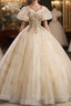 Champagne Tulle Sequins Square Puff Sleeve Quinceanera Dress