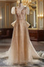 Champagne Tulle Sequins V Neck Short Sleeve Prom Dress