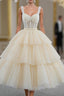 Champagne Tulle Short Prom Dress with Beaded, A Line Tea Length Prom Dress