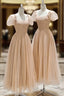 Champagne Tulle Tea Length Prom Dresses Cute Short Sleeve Prom Dresses