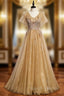 Champagne Tulle V Neck Short Sleeve Beading Prom Dress
