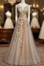 Champagne Tulle V-Neckline Long Lace Prom Dress, A-Line Formal Gown Party Dress