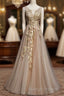 Champagne Tulle V-Neckline Long Lace Prom Dresses A-Line Prom Gown Prom Dresses