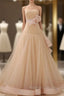 Champagne Tulle With Flower Strapless Backless Wedding Dress