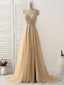 Champagne V Neck Beads Long Prom Dress Tulle Prom Dress