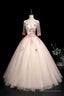Champagne V-Neck Lace Long Prom Dresses A-Line 1/2 Sleeves Prom Dresses