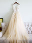 Champagne V Neck Tulle Lace Applique Long Prom Dress, Prom Dress