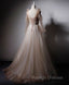 Champagne V Neck Tulle Lace Long Prom Dress, Champagne Formal Prom Dress