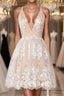 Champagne v neck tulle lace short prom Dresses champagne tulle bridesmaid Dresses