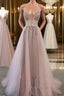 Champagne v neck tulle long prom Dresses champagne Prom Dresses
