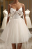 Champagne V Neck Tulle Short Prom Dress, Spaghetti Straps Prom Dress with Bow
