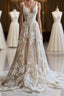 Champagne Vintage A-Line Spaghetti Strap Lace Tulle Long Prom Dress Wedding Dress