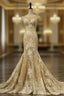Champange Tulle Mermaid Sequins Lace Appliques Cap Sleeve Wedding Dress