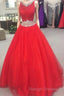 Charming Beaded Red Prom Dress, Long Prom Dresses, Sexy Red Tulle Evening Dress
