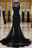 Charming Black Mermaid Backless Long Prom Dress, High Neckline Prom Dress