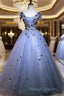 Charming Blue Ball Gown Lace Long Prom Dresses Blue Tulle Sweet 16 Dresses With Flowers