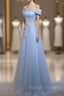 Charming Blue Elegant Tulle Prom Dress with Lace Applique, Long Prom Dress