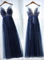 Charming Blue Lace Applique Prom Dress, A Line Blue Bridesmaid Dress