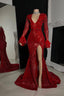 Charming Burgundy V-Neck Long Sleeves Prom Dresses Mermaid Column High Split With Feather
