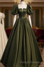 Charming Dark Green Puffy Sleeves Long Evening Gown, Satin Floor Length Prom Dress