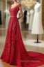 Charming Dark Red Lace A Line Long Prom Dress, Red Prom Gowns