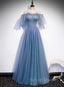 Charming Light Blue Tulle Puffy Sleeves Floor Length Prom Dresses Blue A Line Pricess Gowns Prom Dresses