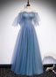 Charming Light Blue Tulle Puffy Sleeves Floor Length Prom Dresses Blue A-Line Pricess Gown Prom Dresses