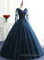 Charming Long Sleeves Navy Blue Tulle Party Gown, Navy Blue Prom Dress