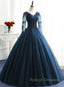 Charming Long Sleeves Navy Blue Tulle Prom Gown Navy Blue Prom Dresses