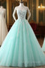 Charming Mint Green Tulle Ball Gown Sweet 16 Dress, Lace Applique Prom Dress