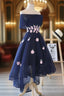 Charming Navy Blue Tulle Party Dress with Flowers, Cute Prom Dress