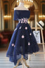 Charming Navy Blue Tulle Prom Dress with Flowers, Cute Prom Dress