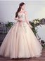 Charming Pink Off Shoulder Ball Gowns Prom Dresses Lace Applique Prom Dresses