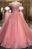 Charming Pink Off Shoulder Lace Applique Sweetheart Prom Dress, Pink Prom Dress