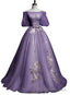 Charming Purple Short Sleeves Tulle Puffy Long Formal Dress, Lovely Prom Dress
