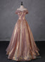 Charming Rose Gold Sequins Long Prom Dresses Off Shoulder Sequins Prom Dresses