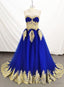 Charming Royal Blue Tulle Prom Dresses With Gold Lace Applique Prom Dresses