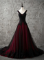 Charming Sleeveless Black And Red Lace Appliques Beaded Prom Dresses Low Back Prom Dresses