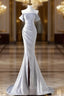 Charming Sliver Mermaid Party Dress, Sliver Off Shoulder Long Prom Dress With Leg Slit